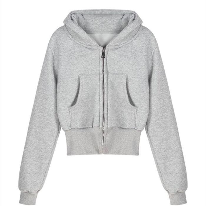 

Серый короткий свитер куртка для женщин ранняя осень тонкий американский ретро Hottie тонкий капюшон кардиган топ XL