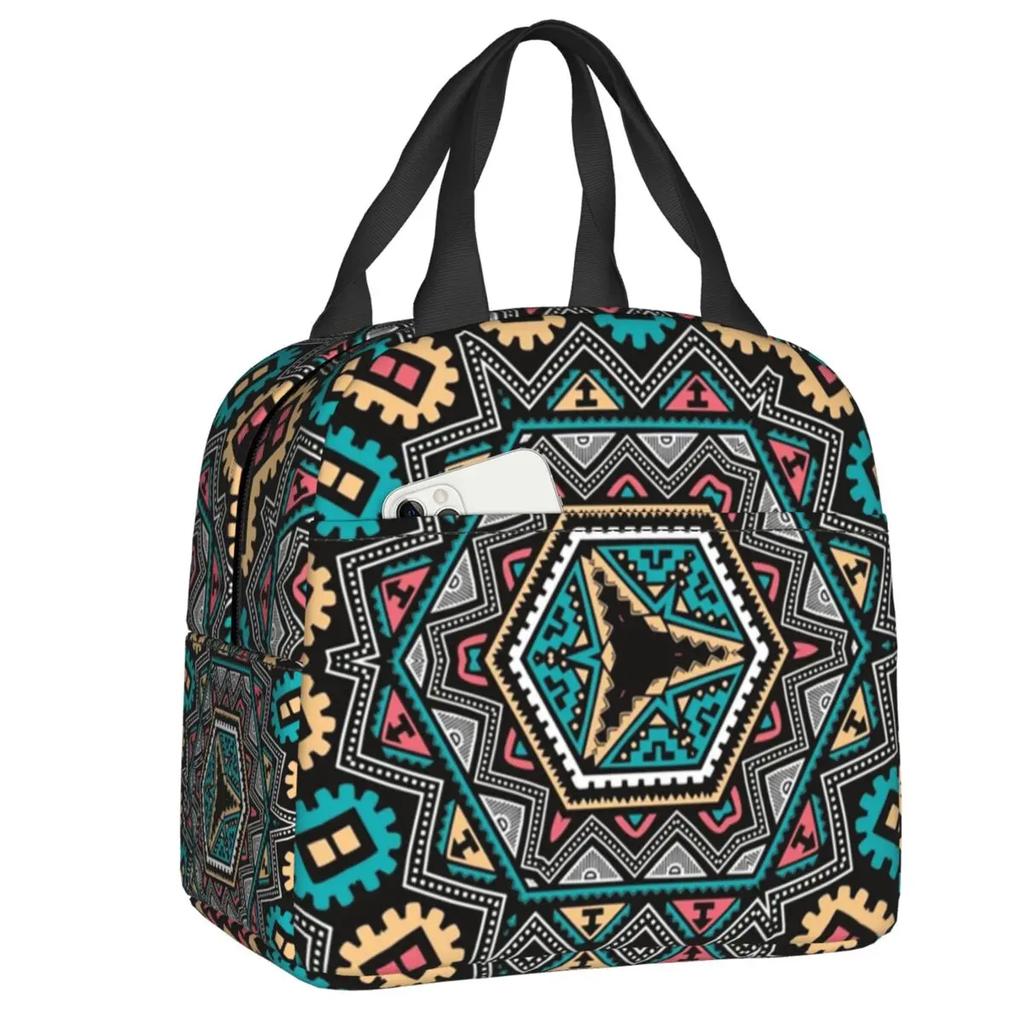 African Tribal Ankara Fabric Style Pink Thermal Insulated Lunch Bags Women Geometric Ethnic Art Portable Lunch Tote Food Box