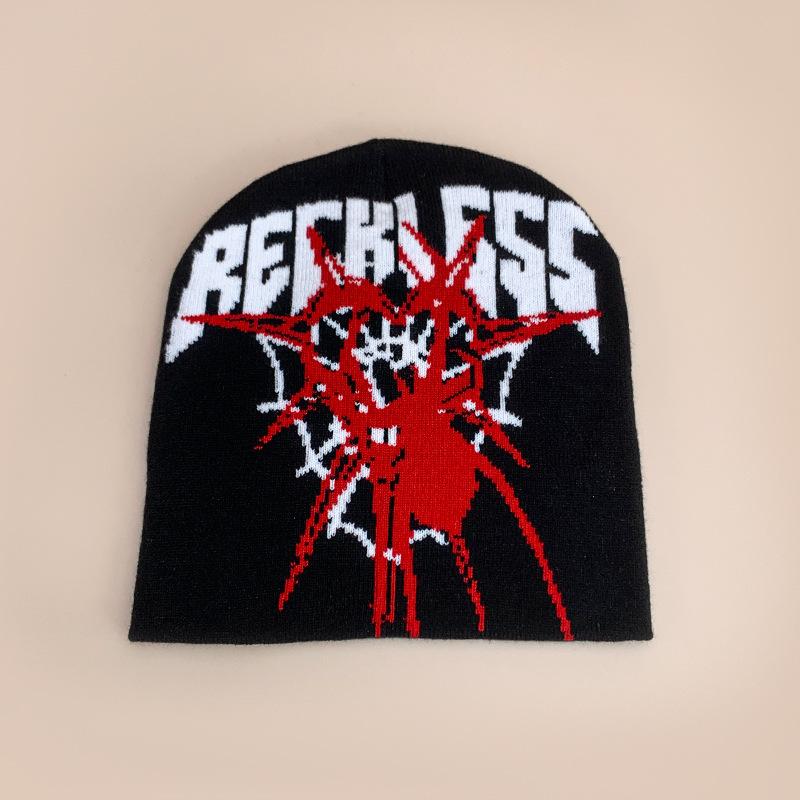 

1 шт. Унисекс Шапка-бини с узором паутины, Y2K Ветрозащита для ушей, Уличный хип-хоп, Шапка-череп, Хэллоуин One Size чёрный