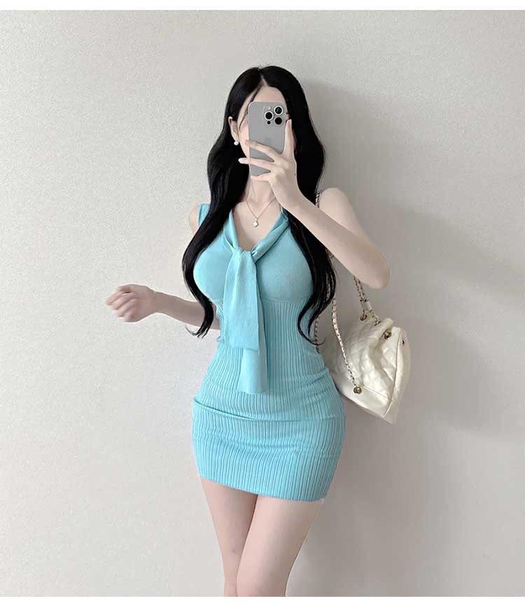 Korean Dongdaemun Slim Knit Dress - Sleeveless, Sash-Detail, Sexy & Elegant Femininity Style