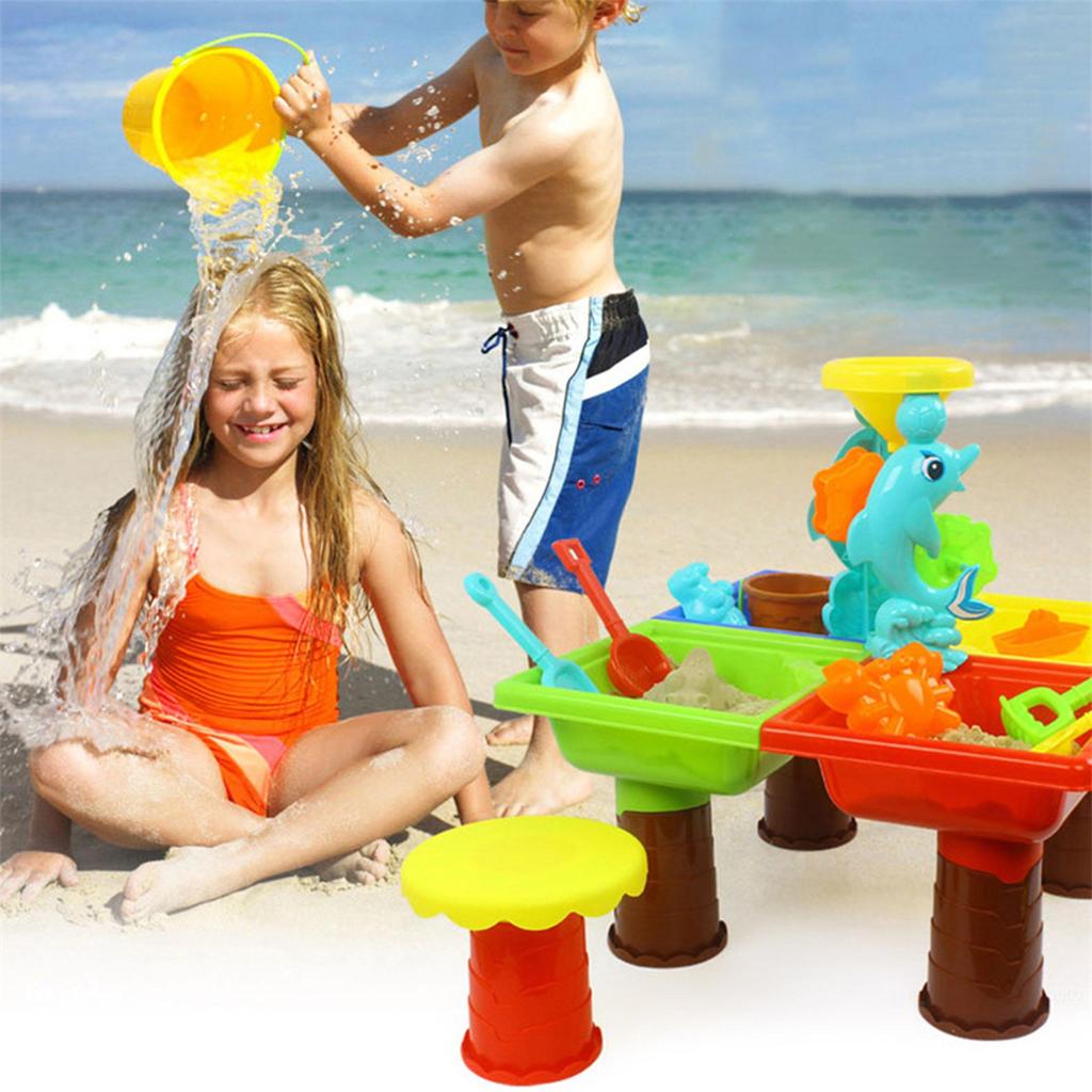 Kids Sand Water Table Play Set, Outdoor/Indoor Sandbox Toy Beach Toys Tools, 4-in-1 Activity Table for Toddlers, Summer Backyard Beach Toy for Kids 3+