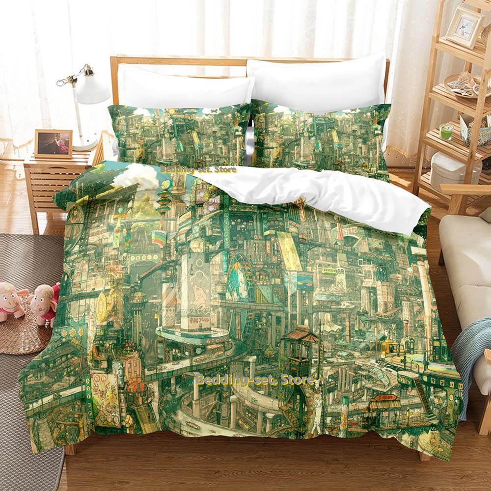 Zestaw pościeli Anime City Pojedynczy Bliźniak Pełny Queen King Size Zestaw do łóżka Sypialnia dla dorosłych Dzieci Zestawy poszewek na kołdrę Druk 3D Prześcieradło Anime
