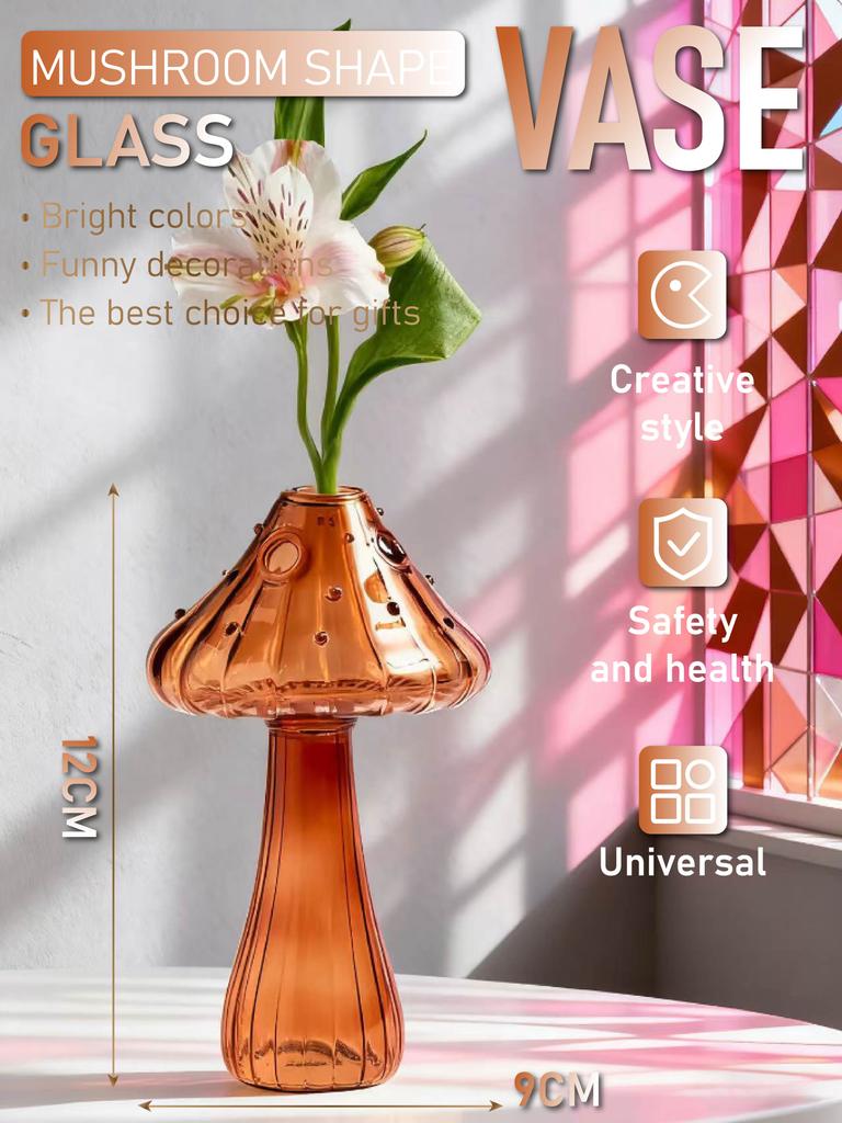 Creative Mushroom Shape Glass Vase (12CM X 9CM) - Bright Color Decorative Vase for Flowers & Gifts