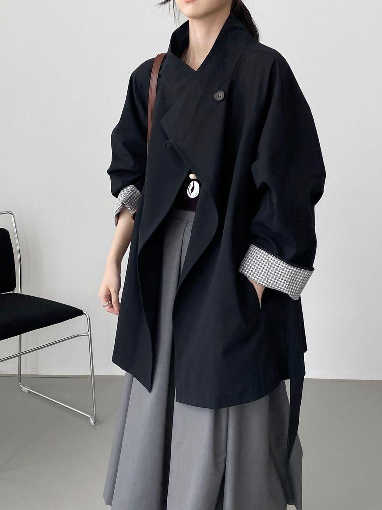 Women's High-End Korean British Retro Trench Coat: Stand-Up Collar, Waist-Cinching, Loose Fit, Mid-Length (5052-1)