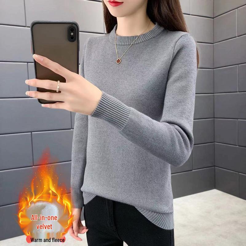 2025 Autumn/Winter Women's Plus Size Knit Fleece One-Piece Sweater: Slimming, Warm, Stylish Base Layer Top