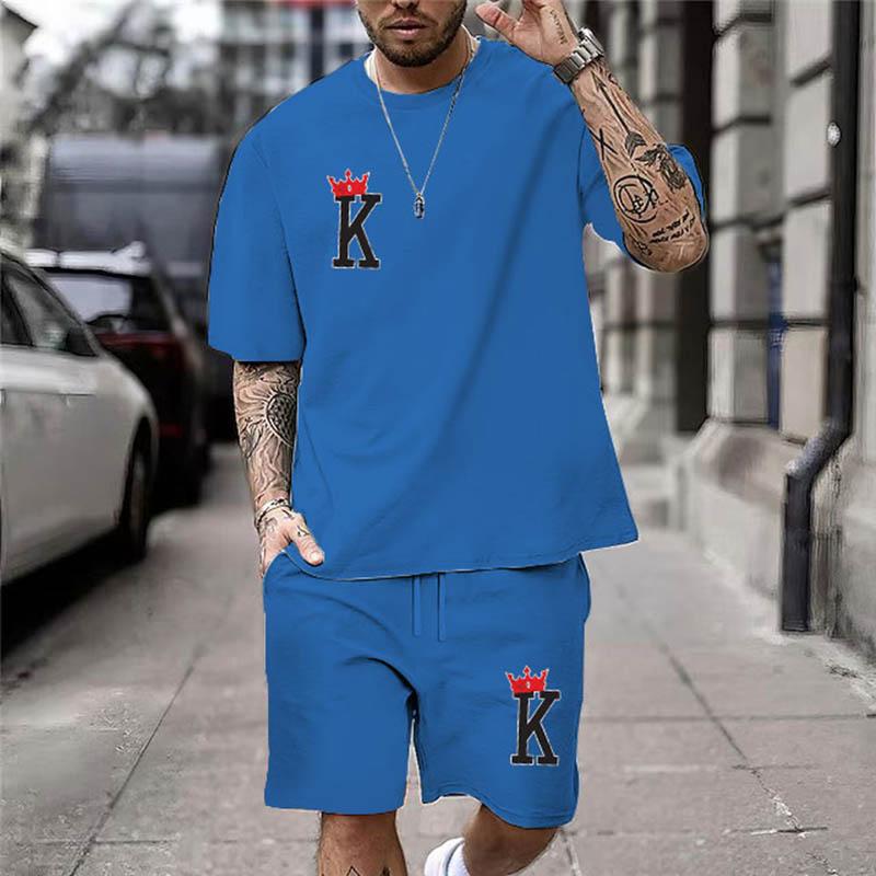 Summer Chic Casual Everyday Wear Clothes Crown K Print Men's T-Shirt Shorts Set Two-Piece Fashion Short Sleeves Shorts For Men