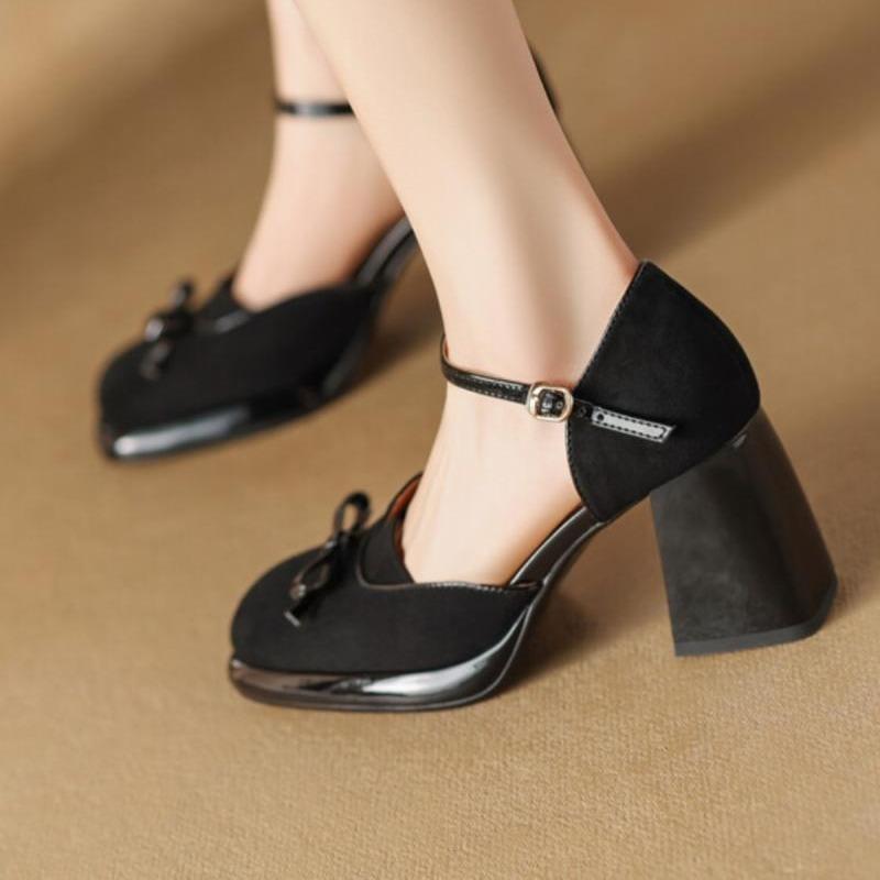 2025 new square head one-word buckle with side empty Mary Jane single shoes women's French thick high heels bag head sandals spring and summer