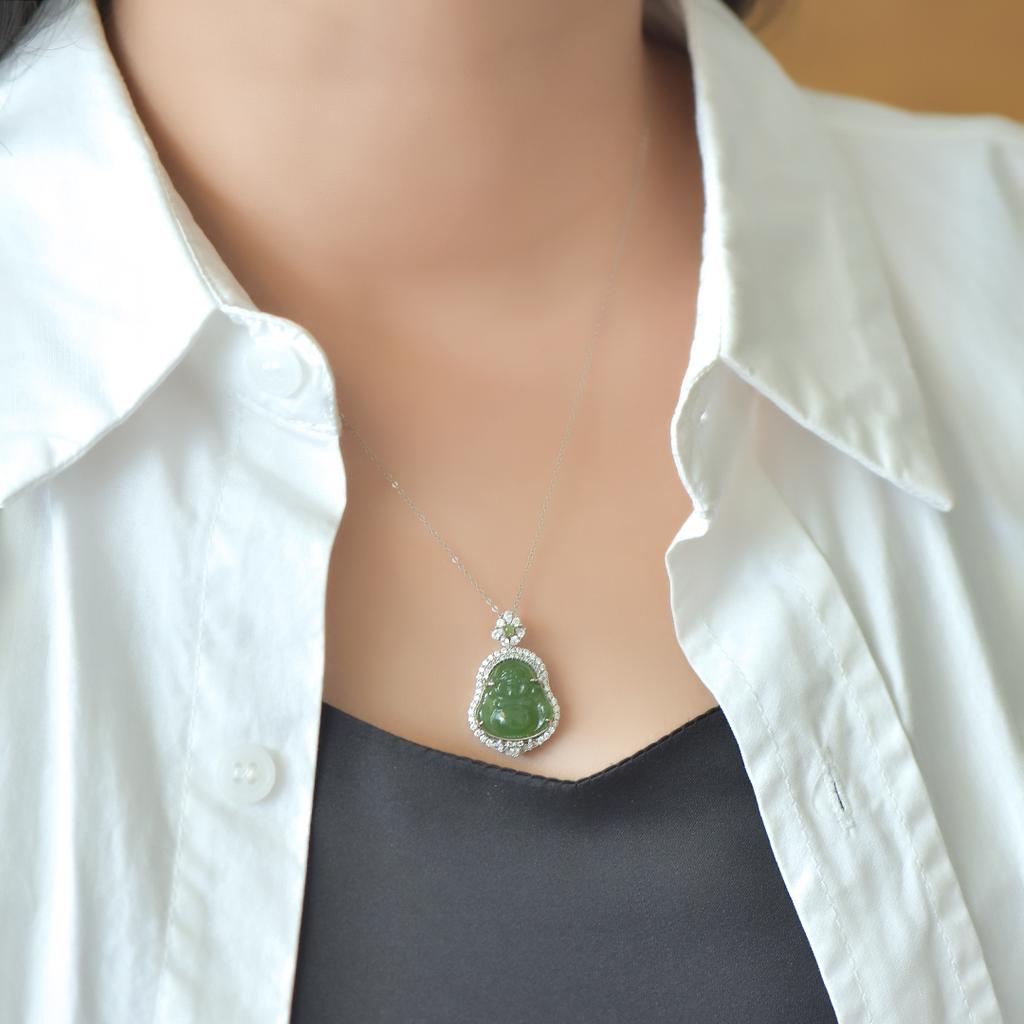 Hotan Jade Jasper S925 Silver Inlaid Big Belly Maitreya Buddha Pendant Necklace