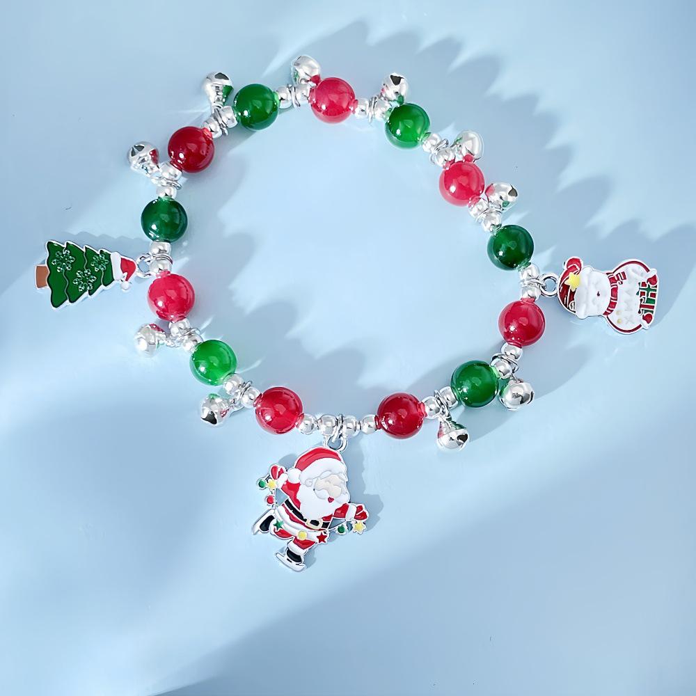 Women's European & American Christmas Glass Beaded Bracelet with Alloy Pendant and Elastic Cord