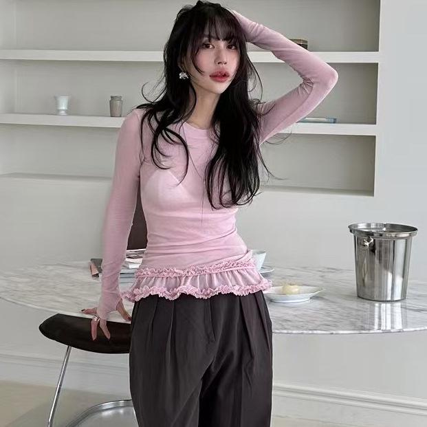 Korean Style 2026 Spring/Autumn Lace Trim Sheer Long Sleeve Women's Top