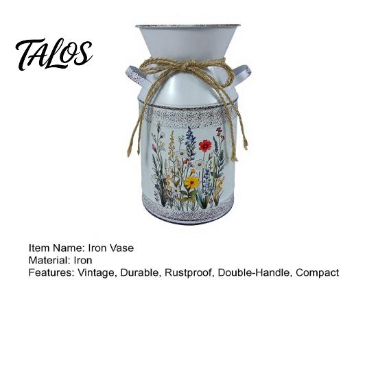 Artificial Flower Vase Vintage Iron Bucket, Rustic White Double-Handle Metal with Floral Print & Jute Bow, Farmhouse Tabletop Decor for Fresh