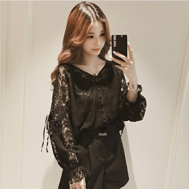Bluză cu dantelă cu gât în V în stil coreean - Mânecă lungă pentru femei, dulce, croială lejeră pentru primăvara/toamna 2025.