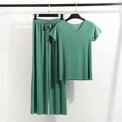 Women's Spring and Summer Thin V Neck Breathable Solid-coloured Short-sleeved + Casual Trousers Homewear Two Piece Set