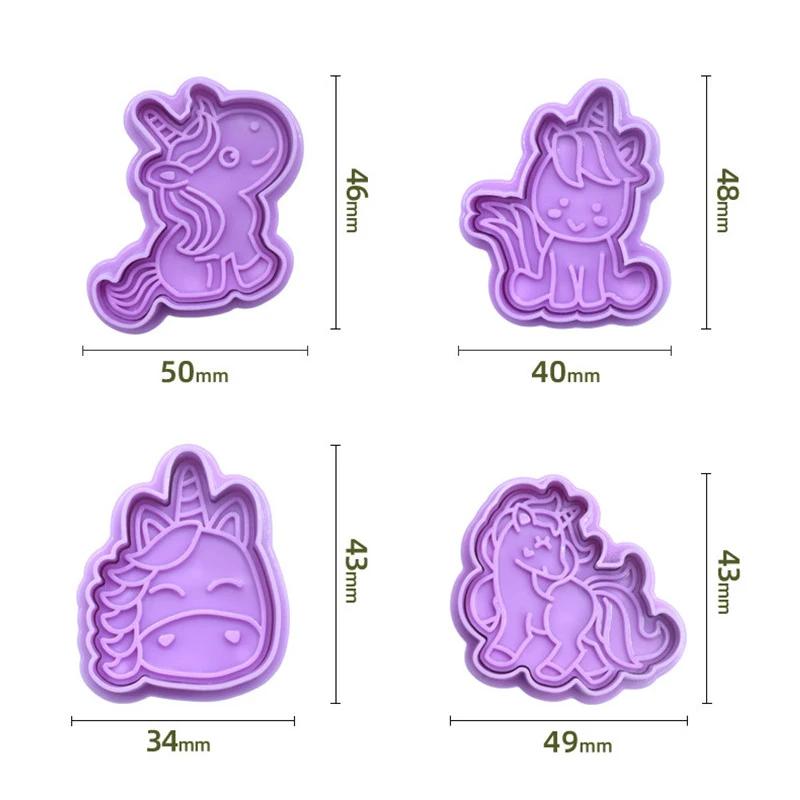 4 Pièces/ensemble Emporte-pièces Forme Licorne Plastique 3D Dessin Animé Pressable Moule à Biscuits Tampon à Biscuits Outil de Pâtisserie de Cuisine pour la Cuisson