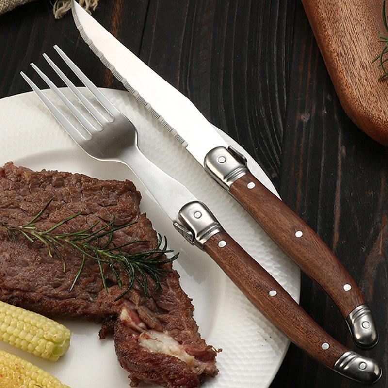 Western-Style Steak Knife and Fork Set with Retro High-End Wooden Handles.