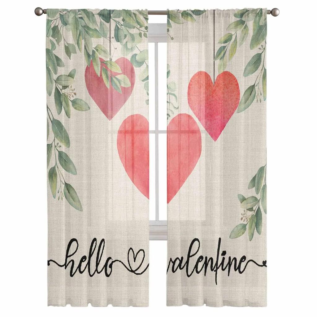 Valentine'S Day Hearts Eucalyptus Leaves Tulle Curtains For Living Room Sheer Curtain For Bedroom Kitchen Blinds Voile Curtains