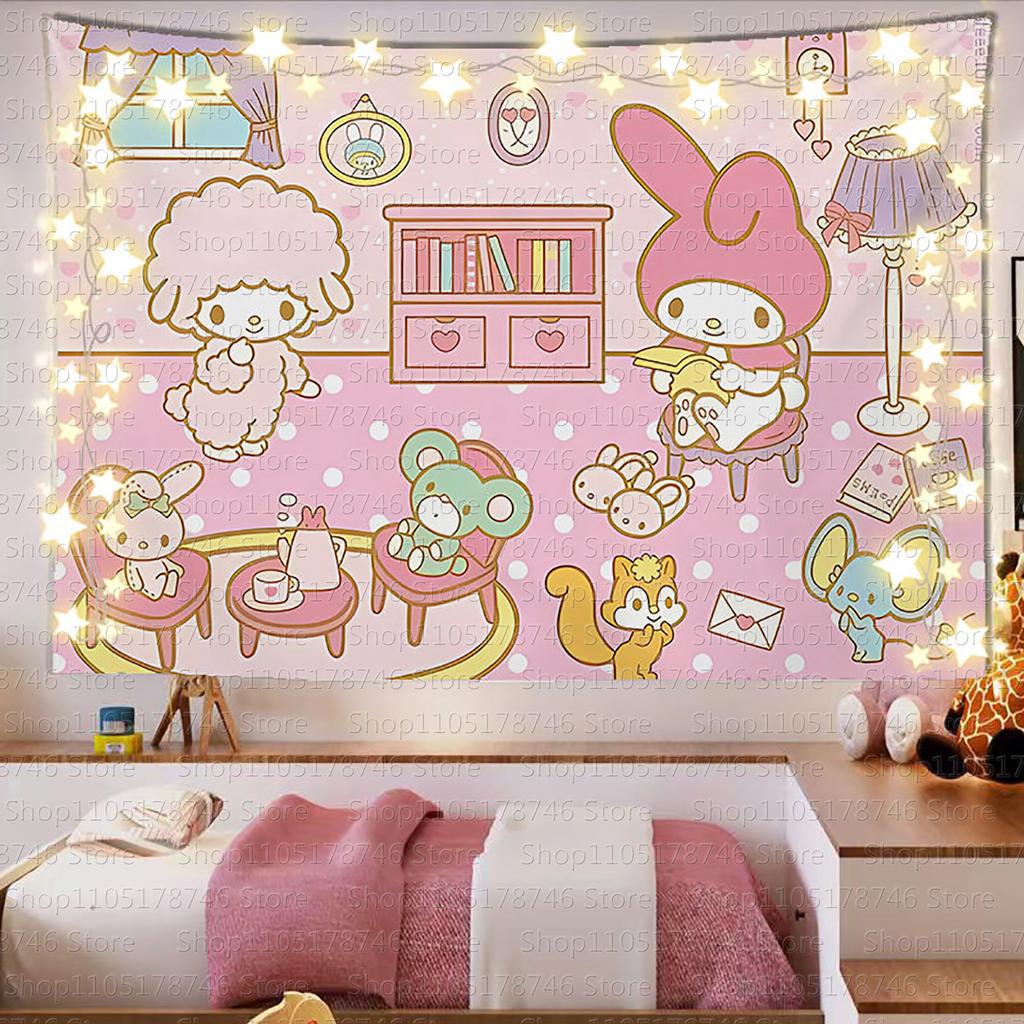 Adorable Sanrio Family Pink Heart Tapestry Kawaii Anime Wall Hanging Decoration Girls Heart Printed Tapestry Super Cute Decorat