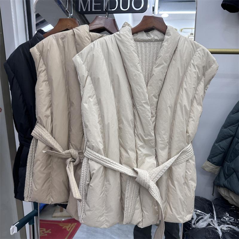 Magnet buckle waist down vest women's new back knitted white duck down vest fashion vest