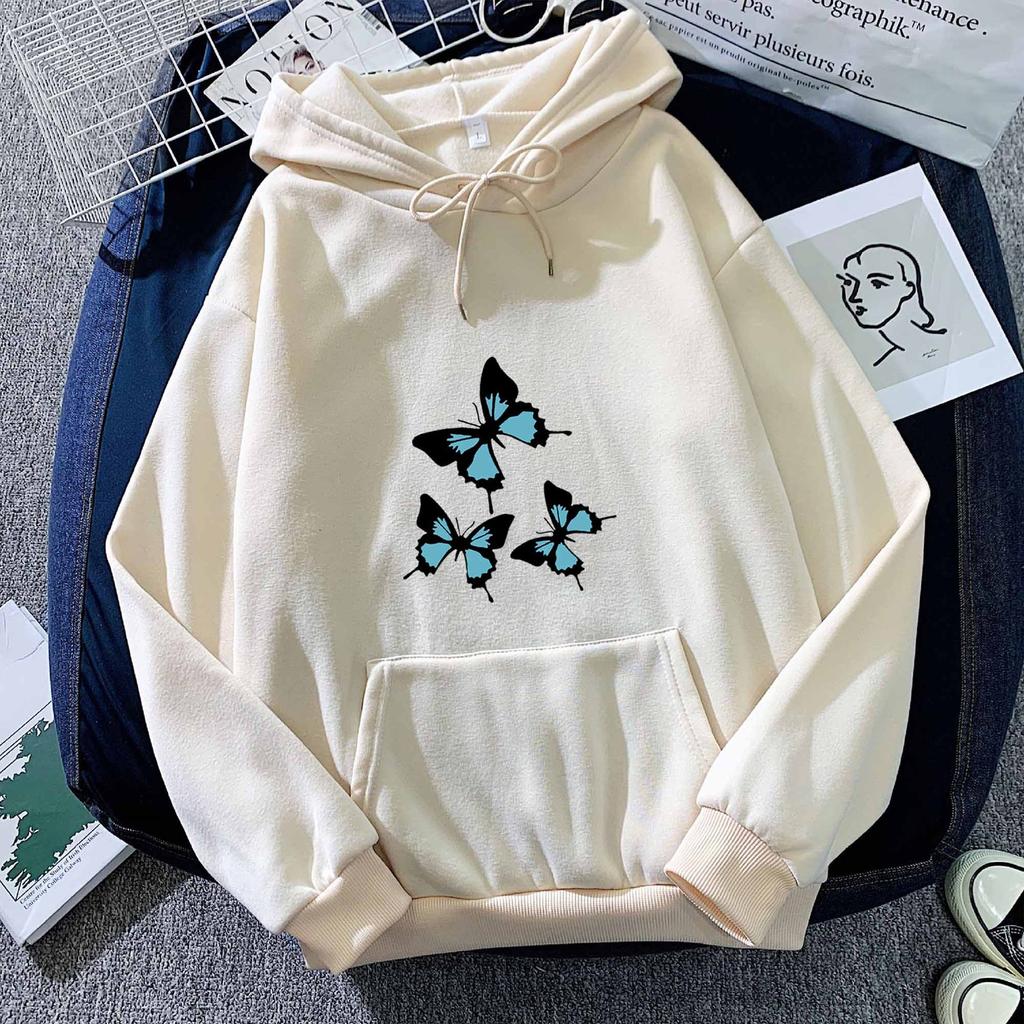 Autumn and Winter Black and Blue Butterfly Print Hoodie Sweatshirt for Men and Women Couples Korean Style Trendy Tops