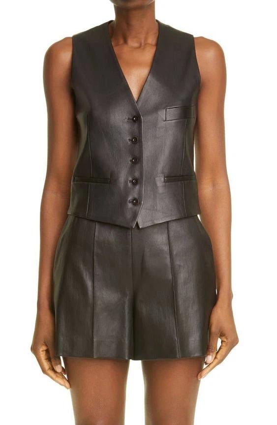 Vest Coat Classic Black Women Real Lambskin Western Leather Button Waistcoat