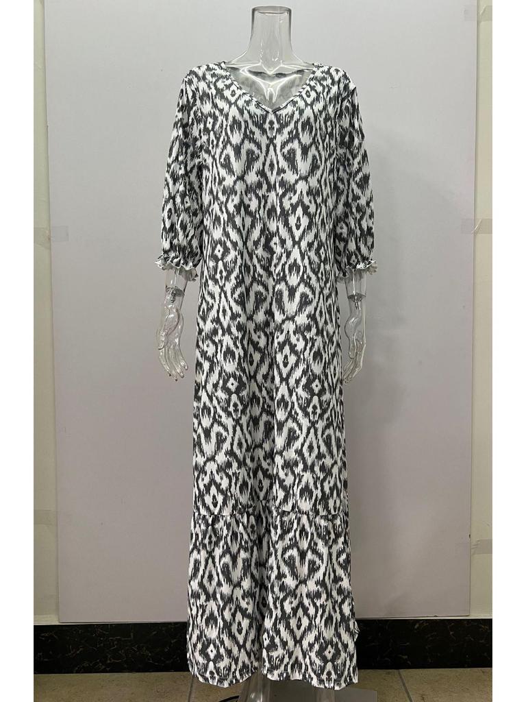 2023 Autumn/Winter European & American Casual V-Neck Printed Mid-Sleeve Dress