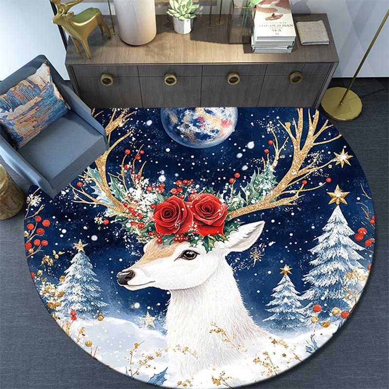 Winter Deer Round Area Rug,Carpet Rug for Living Room Bedroom Sofa Playroom Decor,Non-slip Floor Mat