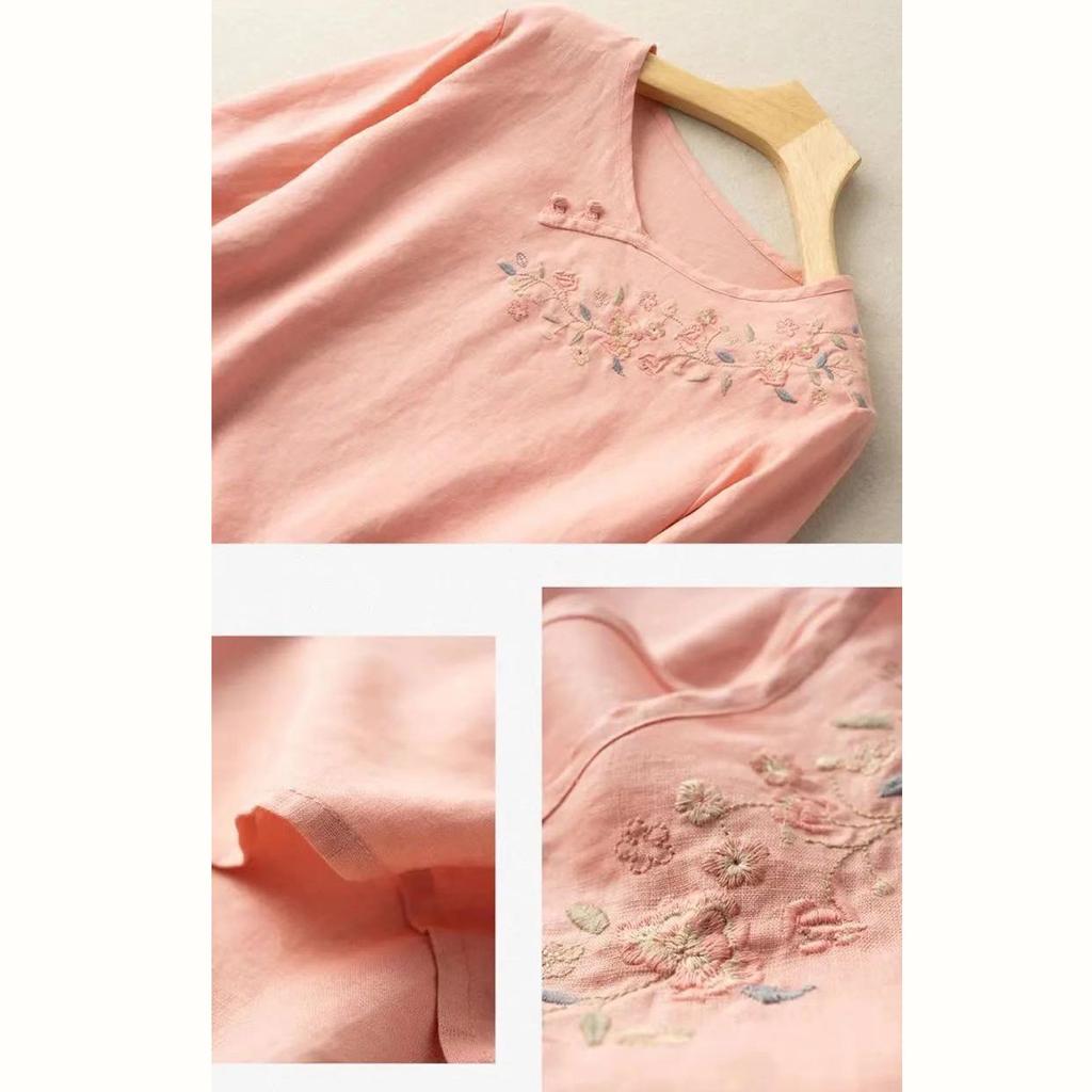 Damen Baumwolle Leinen Farbe 3/4 Ärmel Hemd Rundhals Locker Bluse Pullover Top