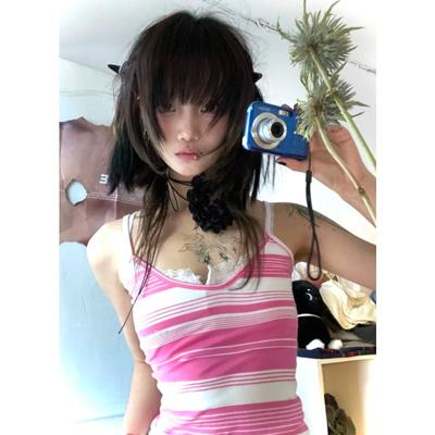 Y2k Aesthetics Camisole Japanese Harajuku Cami Top 2000s Kawaii Crop Top Fairycore Pink Striped Tank Top E-girl Grunge