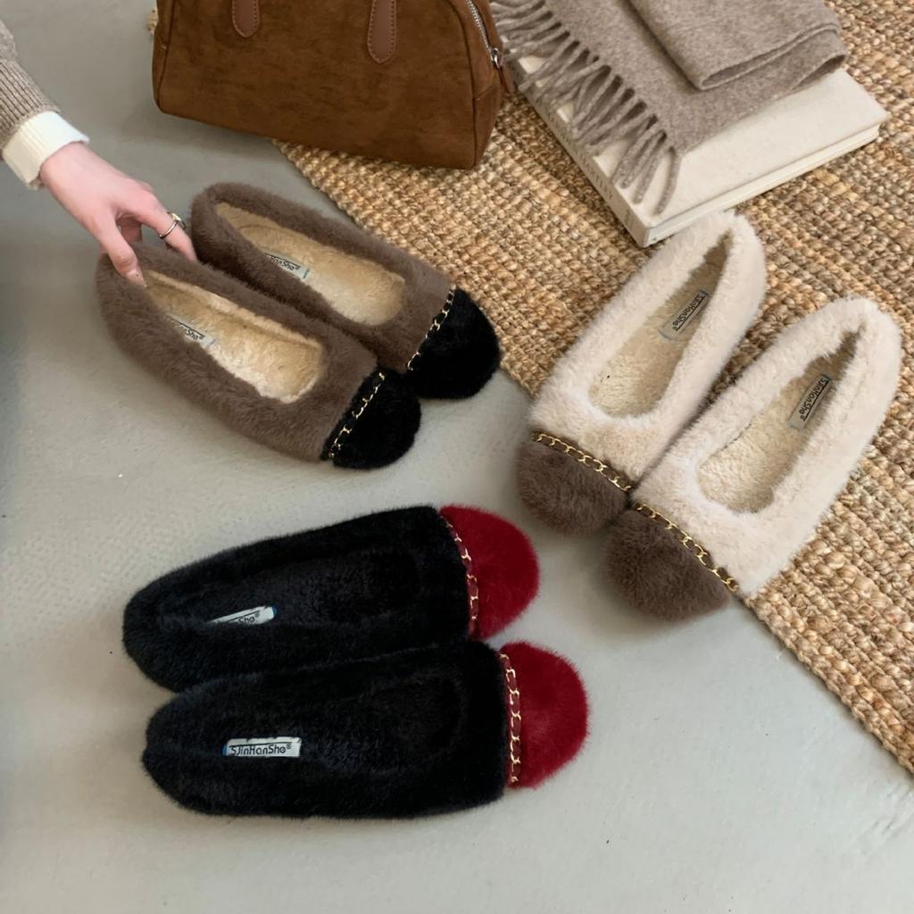 2025 Autumn and Winter New Square-headed Mink Fluffy Warm Color Matching Thick-soled Ballet Beanie Women's Single Shoes Flat-soled
