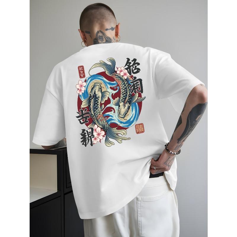 European Size Japanese Style Carp Summer Outdoor Sports and Casual Large-size Short-sleeved T-shirts, Men's Trendy Fashion Prints, Loose Base Shirts