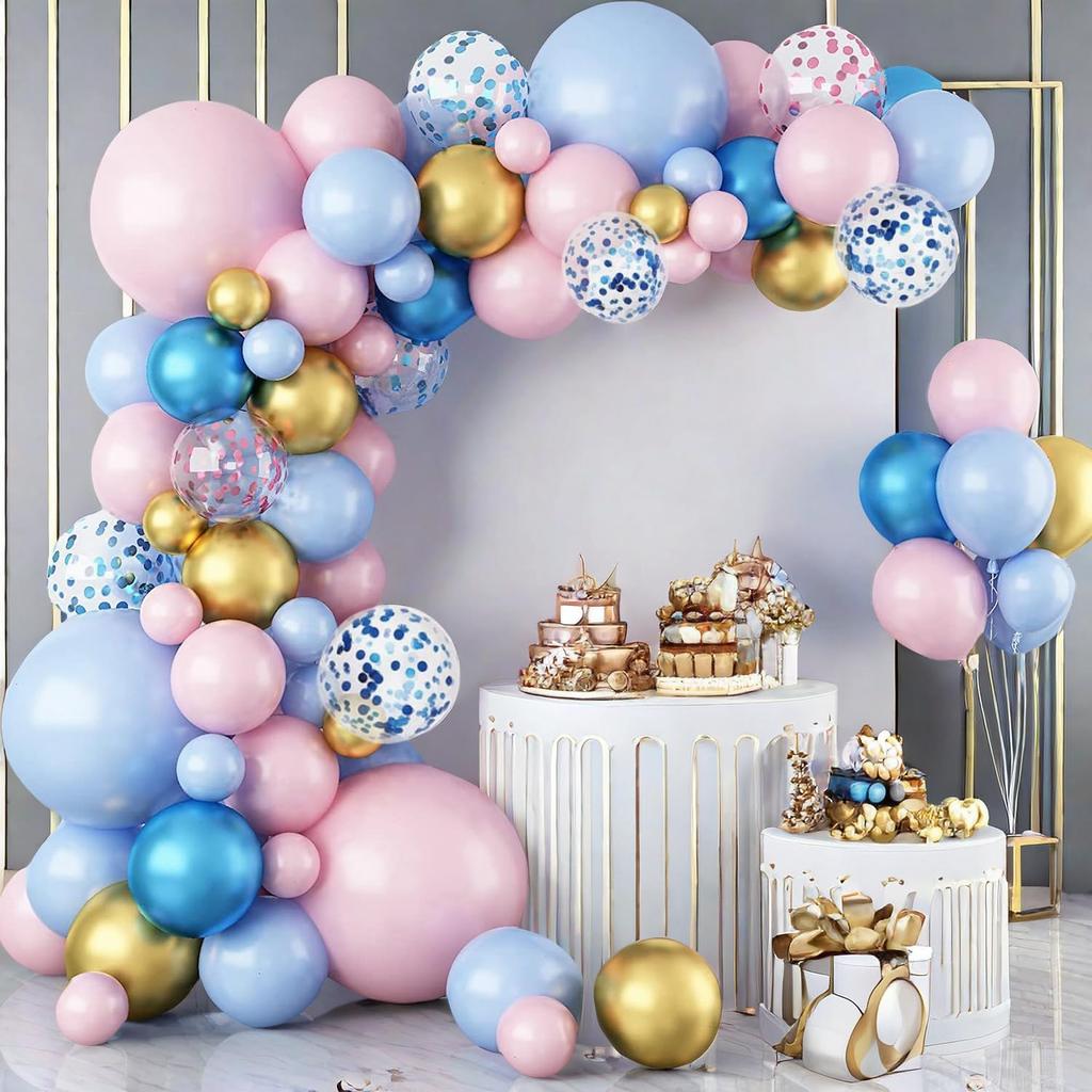 92PCS pink, blue, and gold latex balloon set suitable for birthday parties, weddings, Valentine's Day parties, and decoration