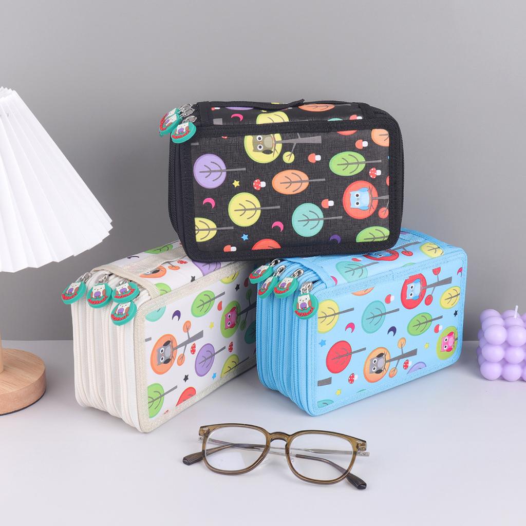 Cute owl shaped zipper pull Four-layer pencil case, portable exquisite stationery storage bag, essential art drawing pencil case
