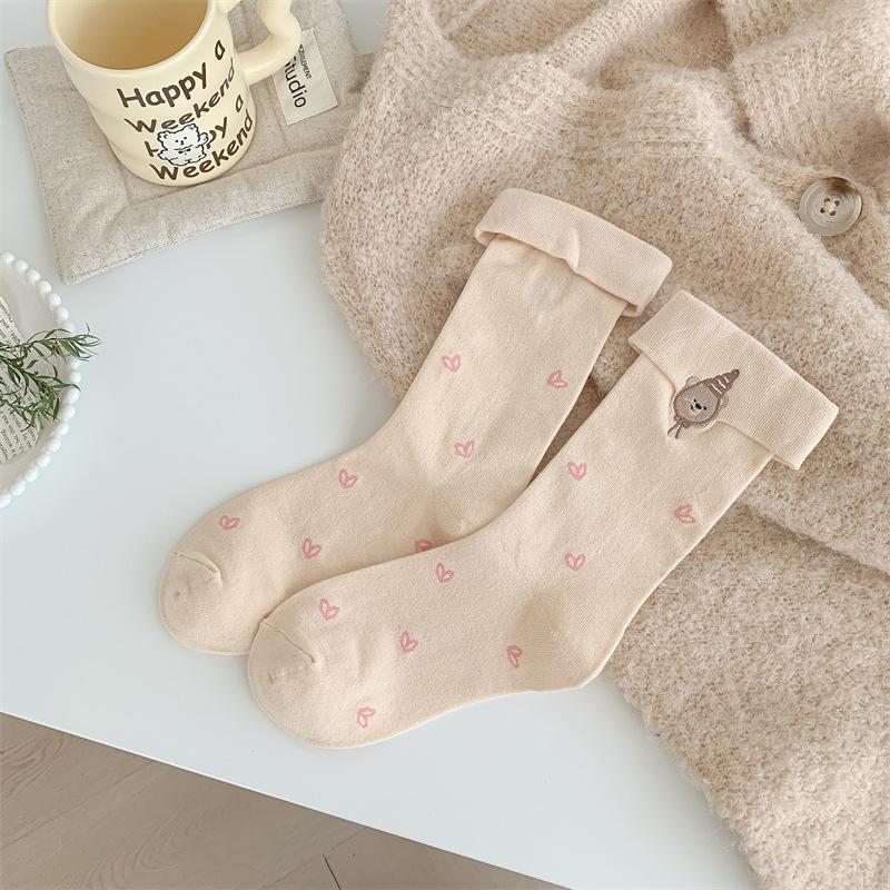 Cute Cartoon Embroidered Socks with Unique Flanges, Trendy Female Dachshund, Pure Cotton Butterfly Mid-calf Pile Socks