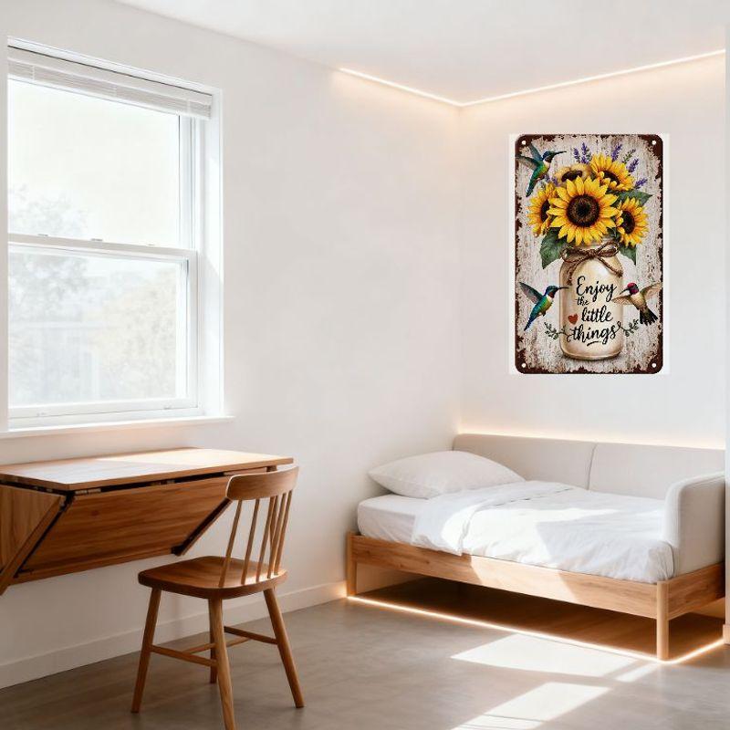 Vintage 'Enjoy the Little Things' Metal Tin Sign with Sunflowers, Lavender, Hummingbirds - Rustic Wall Decor for Bar Pub Home Ca