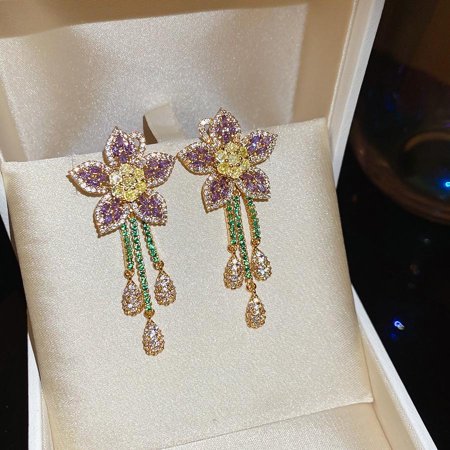 European and American geometric color flower zircon fringed earrings, stud earrings, exquisite luxury earrings, women