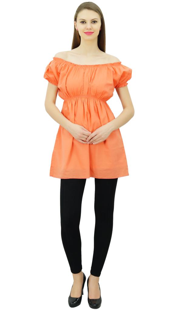 Bimba Women's Off shoulder Puff Sleeve Tops Elastic Waist Blouse Cotton