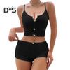 Dámský 2dílný pyžamový set Letní sexy Crop Cami Top a šortky Set ležérní žebrované spací prádlo s květinovou výzdobou