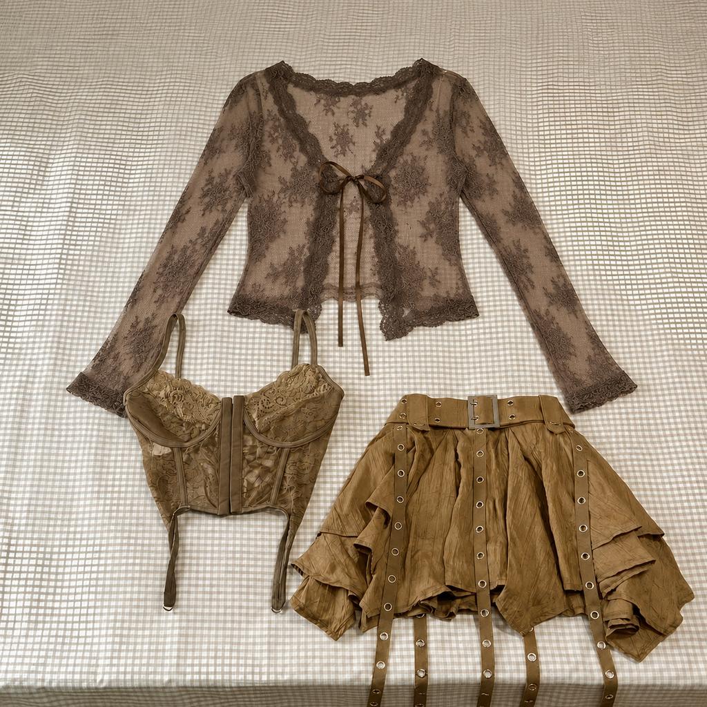 Harajuku Vintage-Mode 3-teiliges Set für Damen, kurze Strickjacke + schmale Weste + Y2k E-Girl-Rock mit hoher Taille, Hot Girls-Anzug im koreanischen Stil