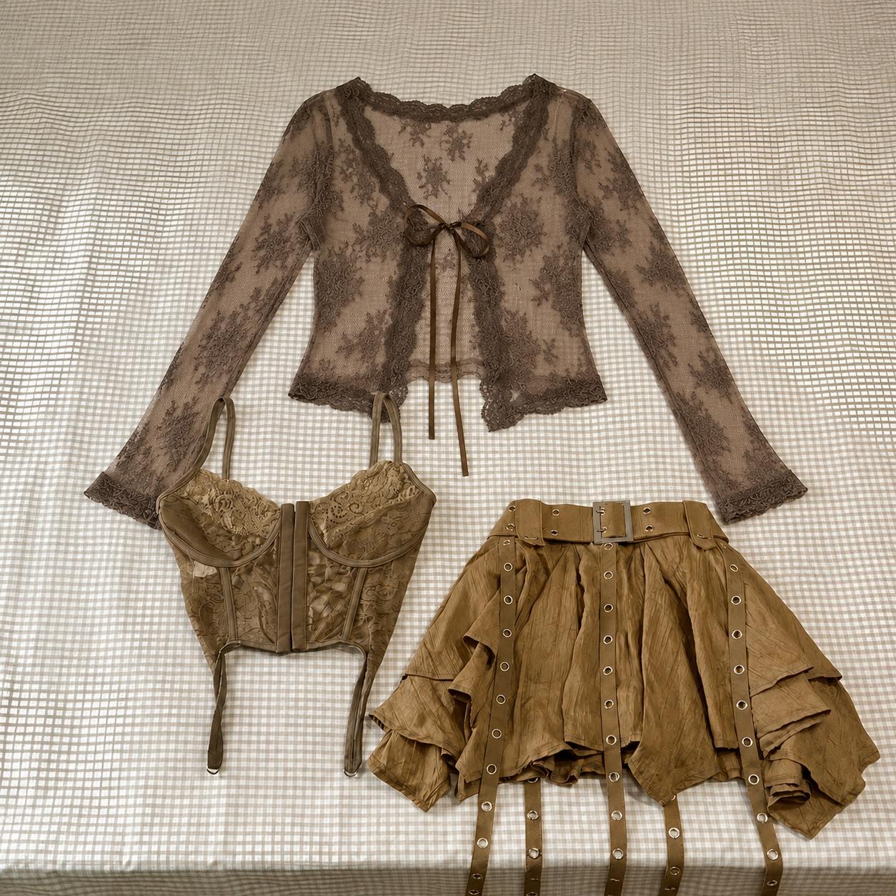 Harajuku Vintage-Mode 3-teiliges Set für Damen, kurze Strickjacke + schmale Weste + Y2k E-Girl-Rock mit hoher Taille, Hot Girls-Anzug im koreanischen Stil L braun