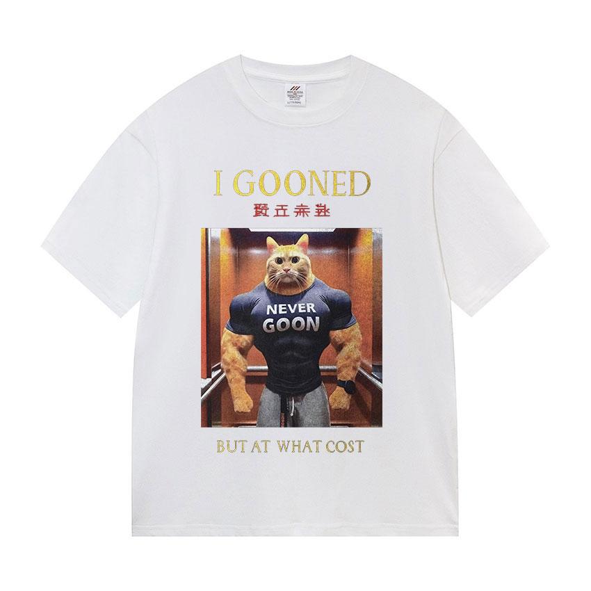 Japanese I Gooned But At What Cost Funny Cat Meme T Shirts Men's Vintage Fashion Cotton Short Sleeve T-shirt Unisex Streetwear