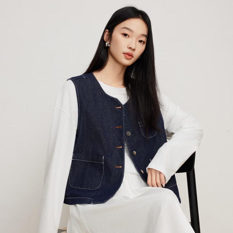 Elva's Island Women's Simple Round Neck Denim Vest