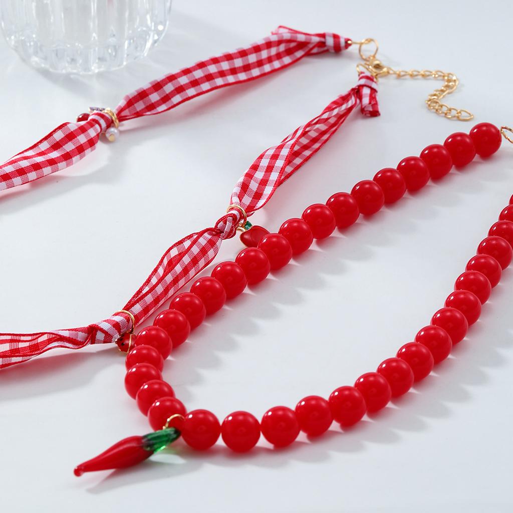 Kreativní vrstvený korálkový náhrdelník s jahodovým chilli, nastavitelný víceřadý šperk, lehký dárek pro ženy