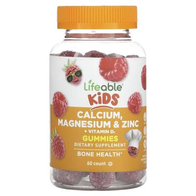 Kinder Kalzium, Magnesium und Zink + Vitamin D3 Gummis, Natürlicher Himbeergeschmack, 60 Gummis