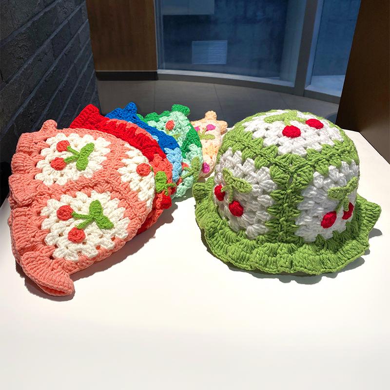 Women Cherry Theme Stretchy Knitted Hat Fashion Hollow Ruffles Vibrant Bucket Hat Bowler Hat Handmade Crochet Cute 58cm