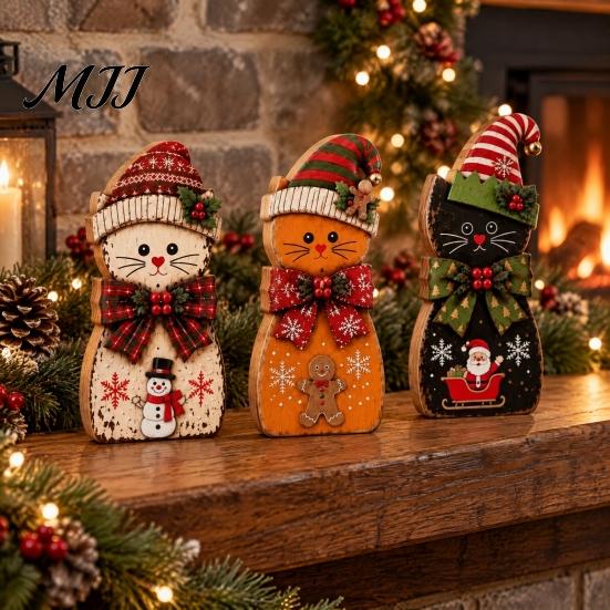 Tiered Tray Display Set 3Pcs Wooden Christmas Cat Tabletop Decor, Rustic 2D Figurines with Xmas Indoor Winter Home Decorations Hat, Santa &