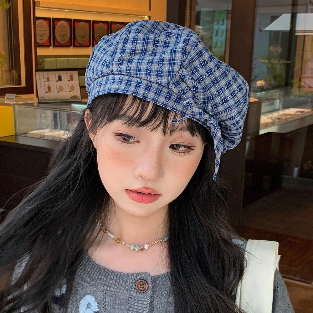 Korean Style Women Painter Hat Bow Women Octagonal Cap Sweet Plaid Beret Hat  Girl