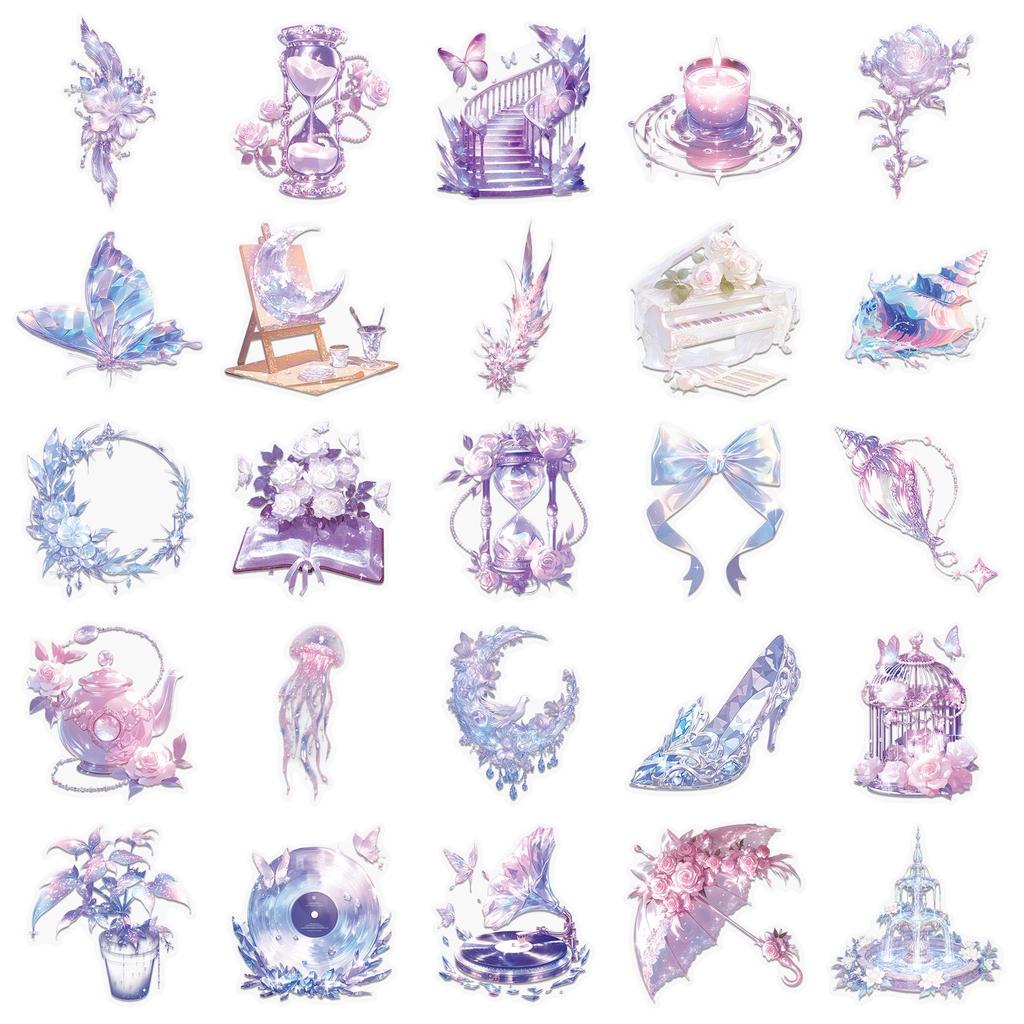 50 Transparent PET Stickers: Waterproof Purple Dreamy Princess Style for DIY Journaling