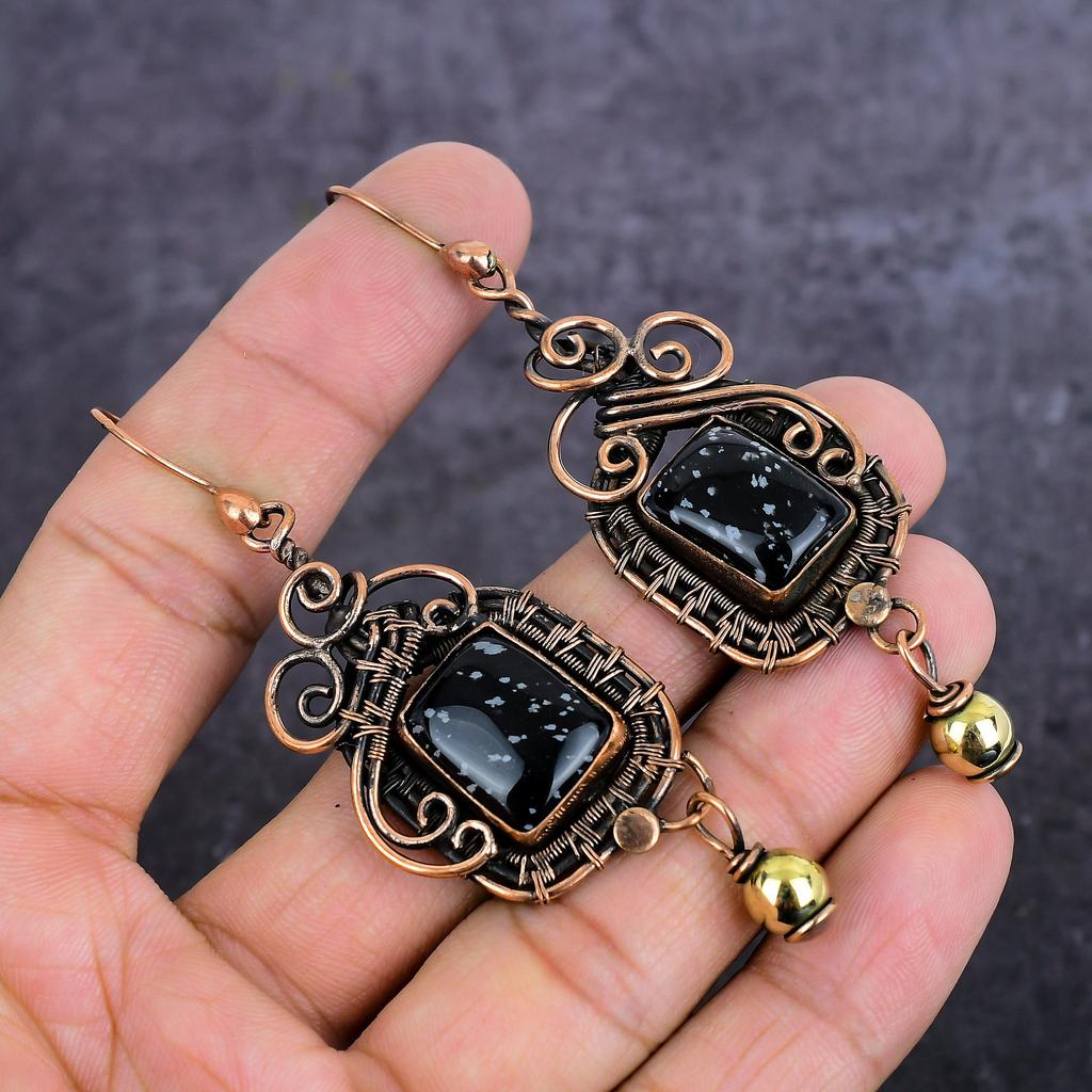 Natural Snowflake Obsidian Gemstone Copper Wire Wrap Jewelry Earring 3.35" y6s07
