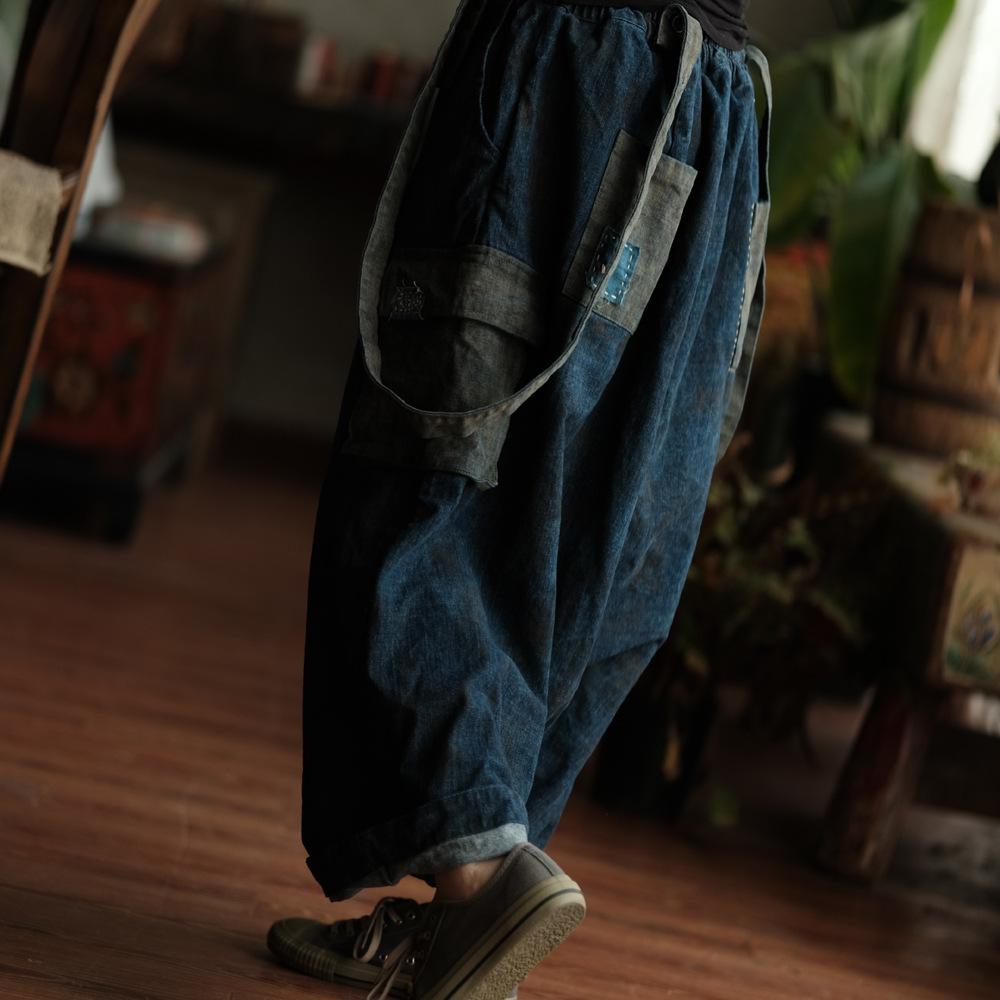 Johnature Women Jumpsuits Elastic Waist Autumn Patchwork Pockets Loose Jumpsuits