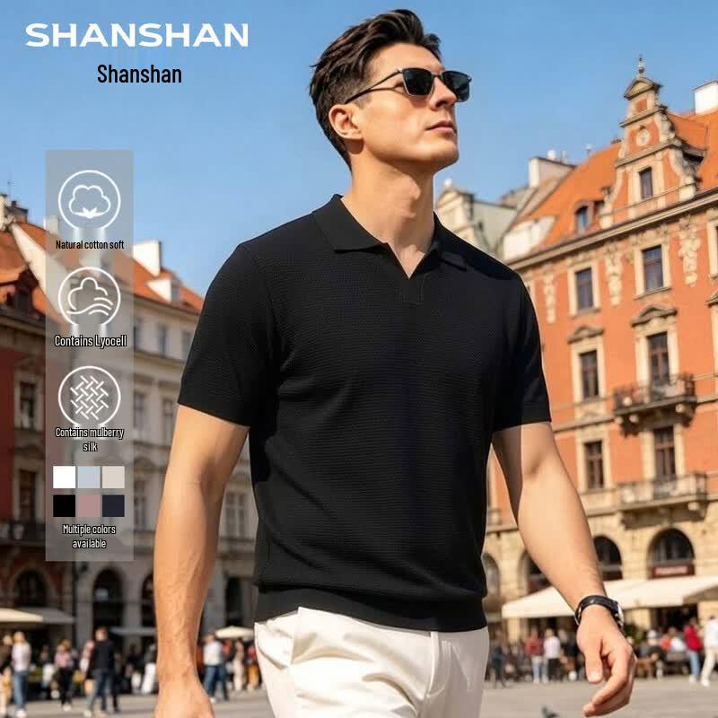SHANSHAN Men s Lyocell & Silk Blend Knitted Seagull Collar Polo Shirt M